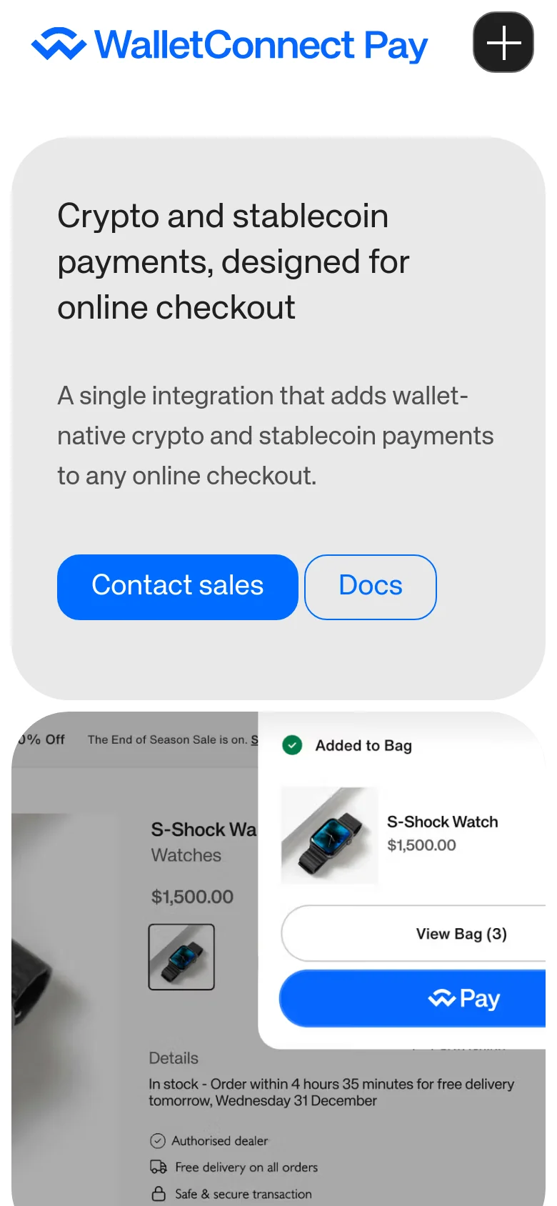 The mobile version uses a vertical layout with the headline and description centered within a rounded light grey container. The 'Contact sales' and 'Docs' buttons are stacked below the text, and the e-commerce checkout mockup is positioned at the bottom of the screen.