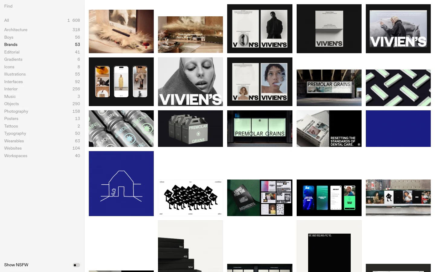A minimalist grid of brand inspiration images on a light gray background. A left-hand sidebar contains a list of categories like Architecture, Brands, and Photography with numerical counts. The main content area displays various rectangular image tiles featuring high-contrast photography, typography, and product mockups.