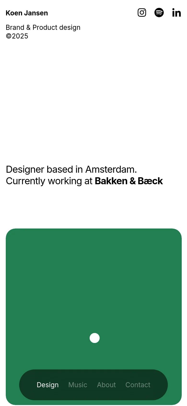 The mobile version maintains the minimalist white aesthetic but uses a single-column vertical layout. The large headline is centered, and the dark navigation pill is positioned at the bottom of the screen, spanning the width of the viewport to provide easy thumb access.