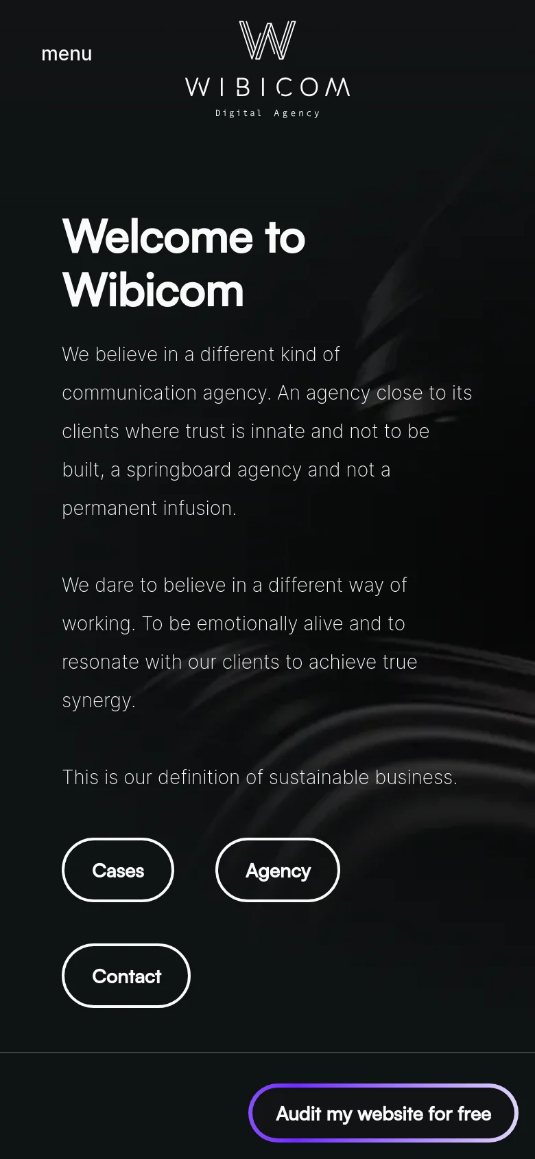 The mobile version maintains the dark aesthetic and white typography but uses a single-column vertical layout. The 'Welcome to Wibicom' headline and text are centered, followed by the three call-to-action buttons stacked vertically, and a large prominent 'Audit my website for free' button fixed at the bottom of the screen.