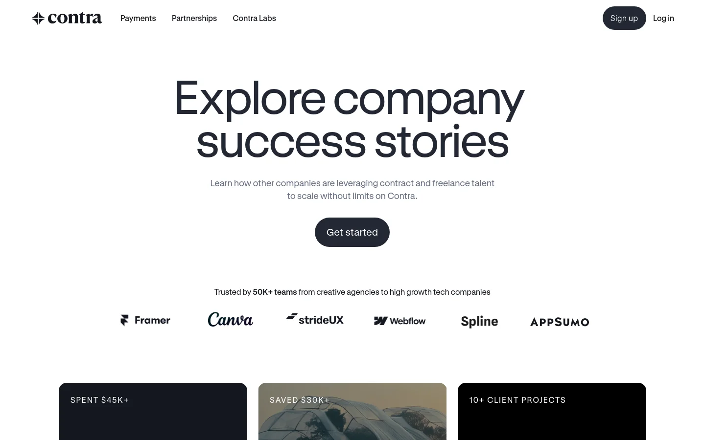 The desktop page features a clean, white background with a large centered headline reading 'Explore company success stories' and a subheadline about leveraging freelance talent. A dark 'Get started' button sits below the text, followed by a row of grayscale company logos including Framer, Canva, and Webflow. Below the logos, a grid of large image cards displays specific customer success metrics and headlines.