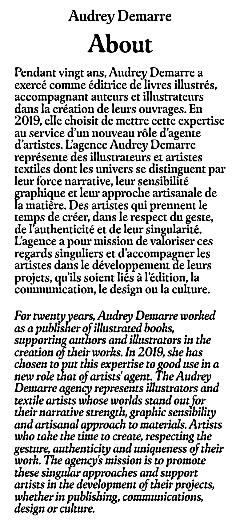 The mobile version simplifies the layout into a single vertical column. The navigation menu is positioned at the top, followed by the French biography text and then the English translation below it. The large serif font remains prominent, maintaining the minimalist and high-contrast aesthetic of the desktop version.