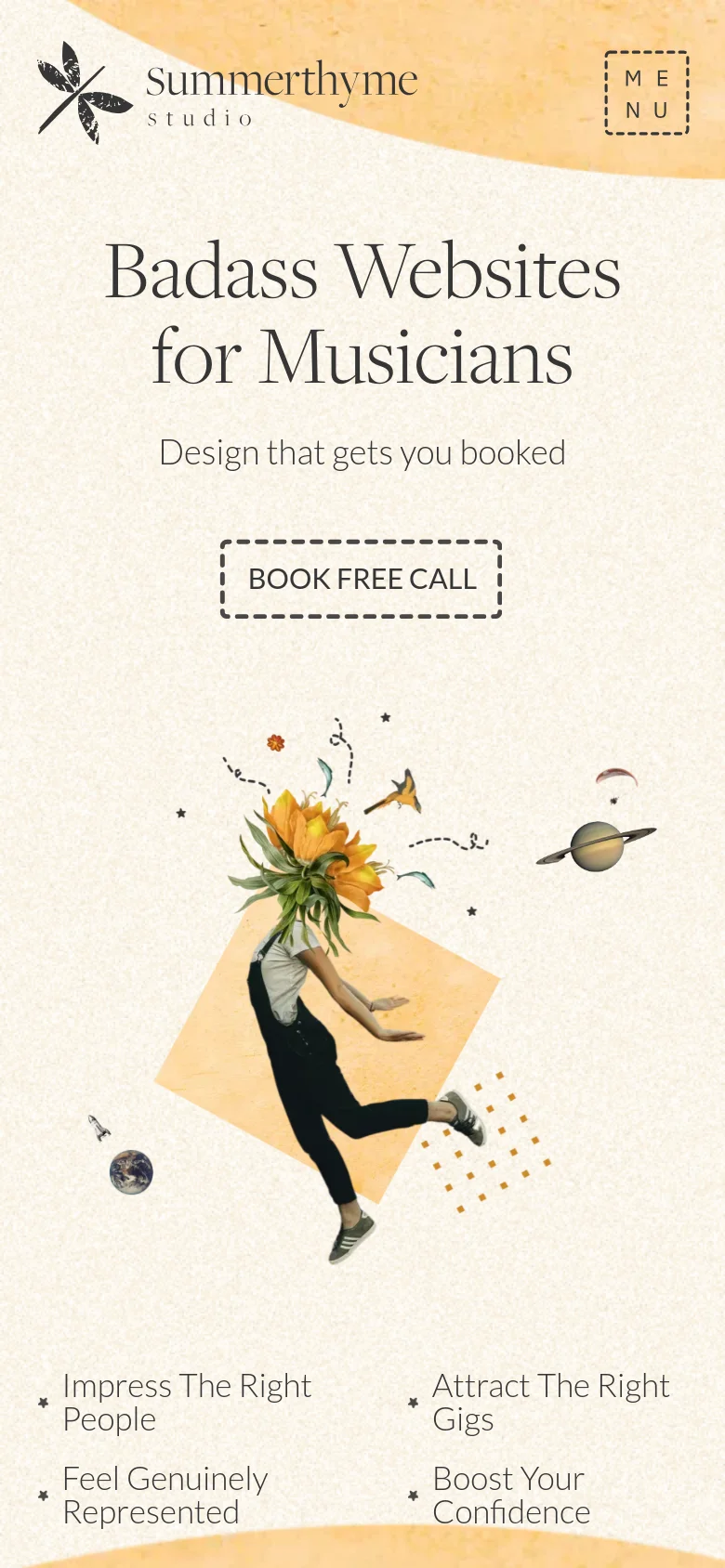 Mobile version of the homepage with a centered vertical layout. The headline 'Badass Websites for Musicians' and the 'BOOK FREE CALL' button are stacked above a large surrealist collage of a person with a sunflower head. The navigation is condensed into a hamburger menu icon in the top right corner.