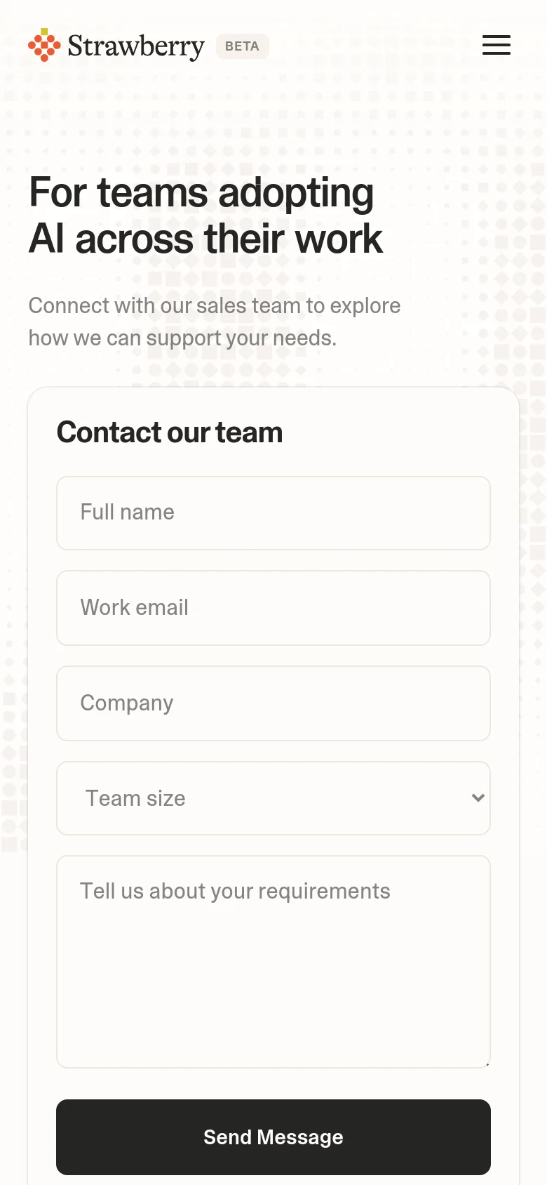 The mobile version simplifies the layout into a single vertical column. The headline and service list appear at the top, followed by the 'Contact our team' form card which spans the width of the screen, featuring the same input fields and a prominent black 'Send Message' button at the bottom.