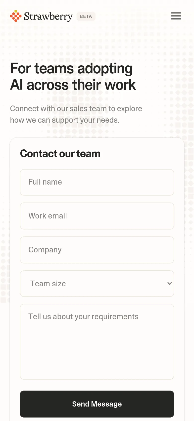 The mobile version simplifies the layout into a single vertical column. The headline and service list appear at the top, followed by the 'Contact our team' form card which spans the width of the screen, featuring the same input fields and a prominent black 'Send Message' button at the bottom.
