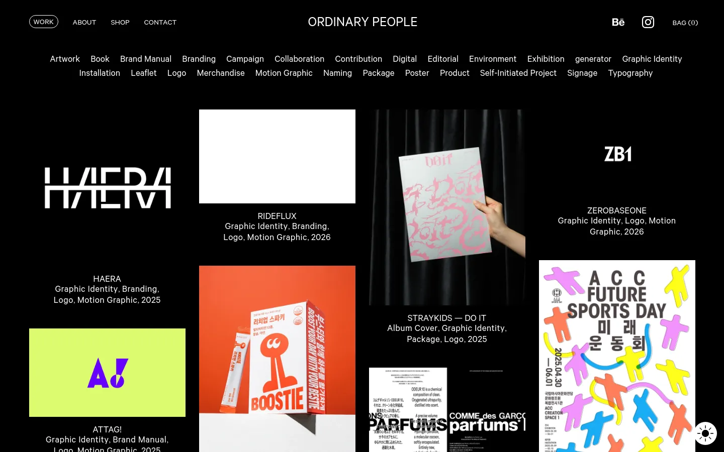 The desktop version of the Work page features a black background with white text and a grid of project tiles. A navigation menu at the top includes links like Work, About, and Shop, followed by a comprehensive list of project tags. Below the tags, a masonry-style grid displays various project thumbnails, such as 'HAERA' and 'RIDEFLUX', accompanied by their respective categories and dates.