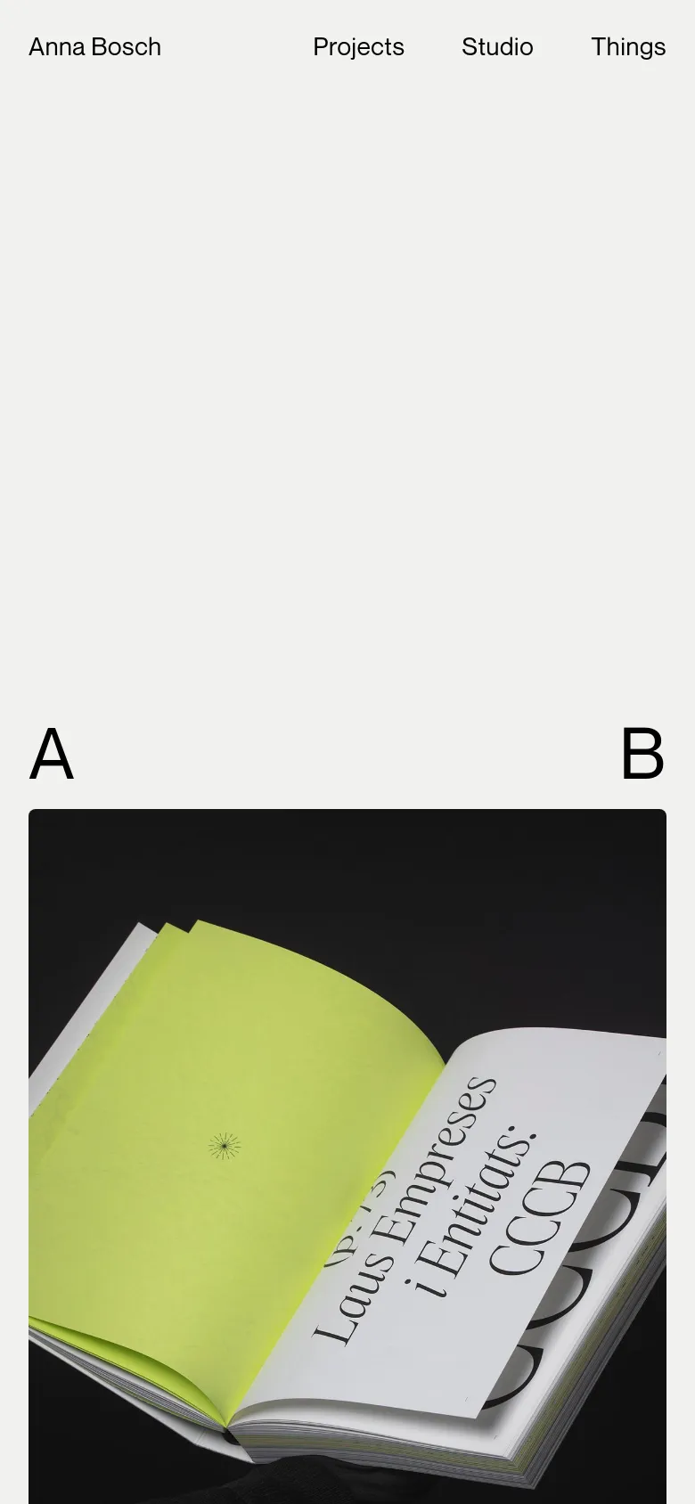 The mobile version maintains the minimalist white aesthetic but transitions to a single-column vertical scroll. The large 'A' and 'B' typography and the hero image are stacked vertically, making the project imagery the primary focus as the user scrolls down.