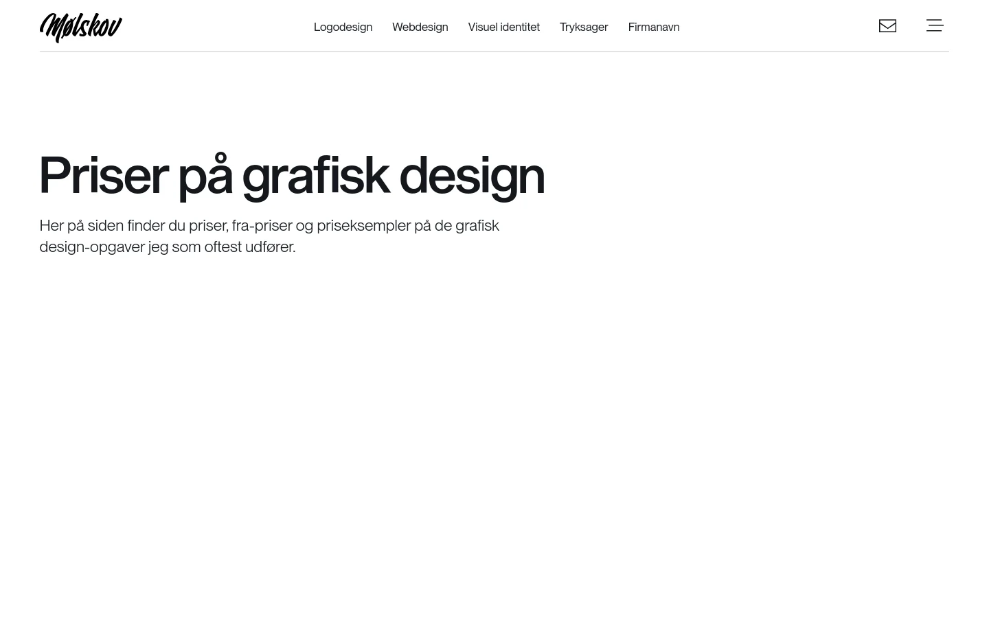 The desktop page features a clean white background with a minimalist navigation menu at the top. A large headline reads 'Priser på grafisk design' followed by a short introductory paragraph. Below the text, a dark section displays white reference logos for companies like Norion Consult and Tunex.