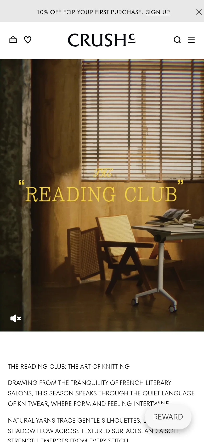 The mobile version presents a vertically stacked layout with a centered header containing the brand logo, a search icon, and a menu icon. The hero image spans the width of the screen, followed by the 'Reading Club' headline and descriptive text positioned below the image. A promotional banner for 10% off appears at the very top of the screen.