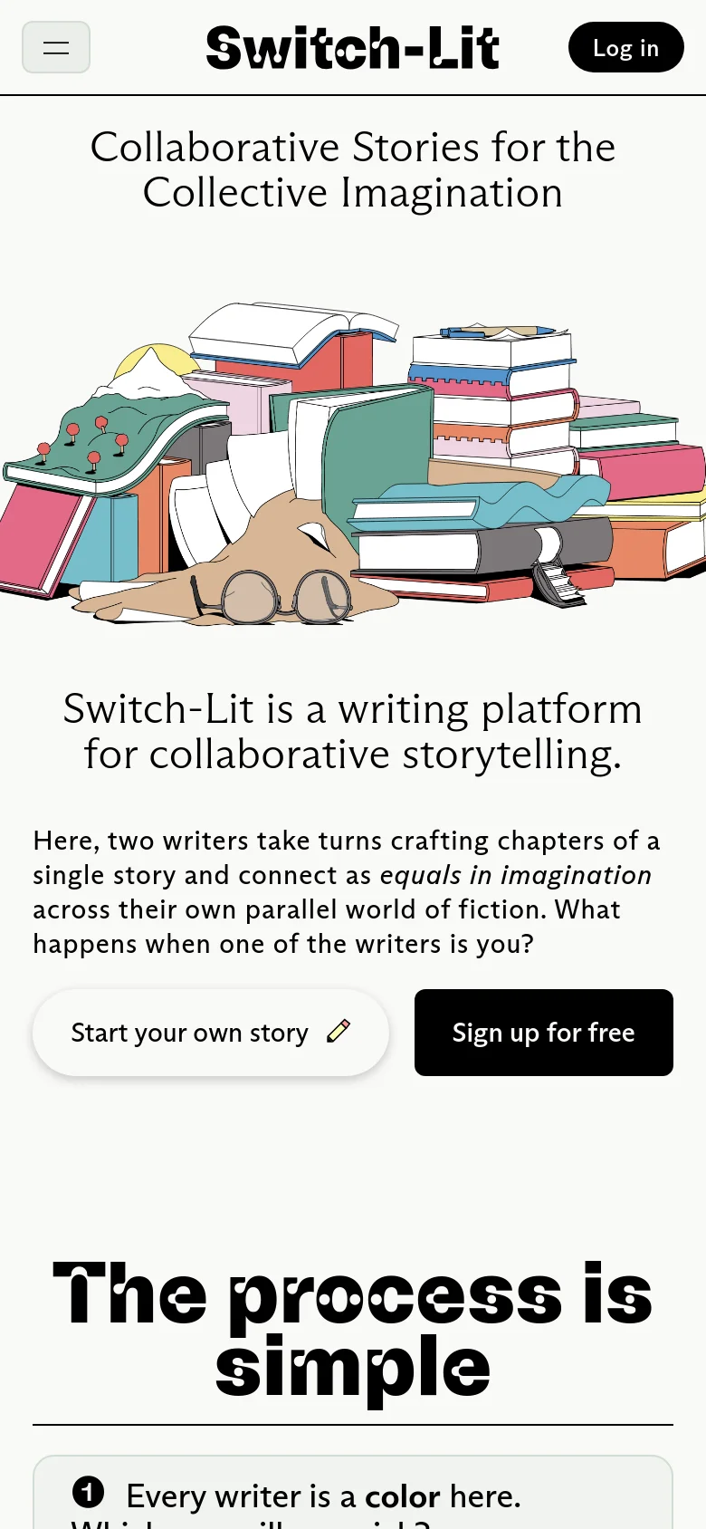 The mobile version presents a vertically stacked layout with a hamburger menu icon on the top left and the Switch-Lit logo centered. The hero section displays the same colorful book illustration above the main headline and introductory text. Primary calls to action, 'Start your own story' and 'Sign up for free,' are presented as large, rounded buttons below the text.