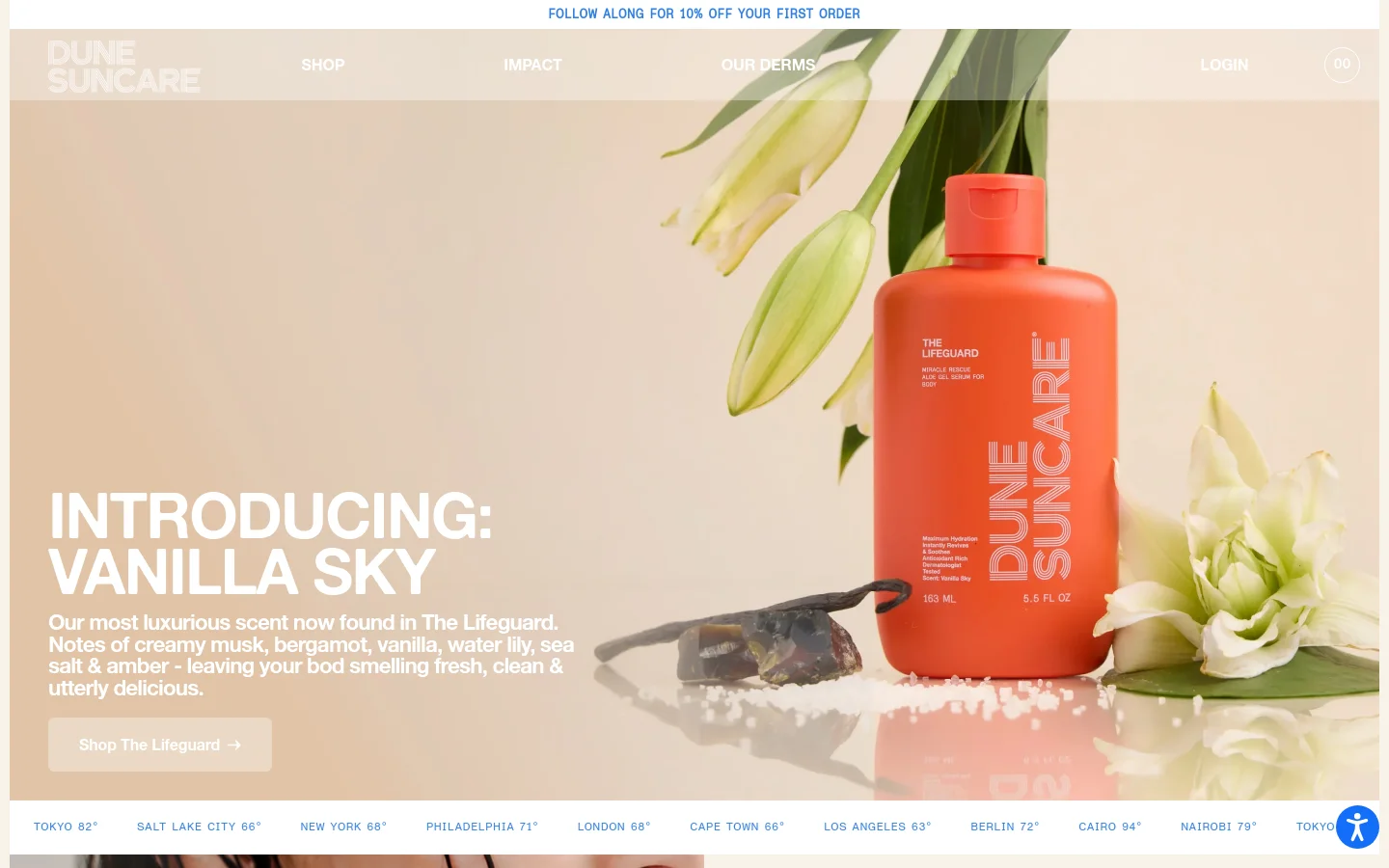 The desktop homepage features a warm, cream-colored hero section with a large orange bottle of The Lifeguard suncare surrounded by white lilies and vanilla beans. A headline introduces the 'Vanilla Sky' scent with a 'Shop The Lifeguard' call-to-action button, above a scrolling ticker of global temperatures. Below the hero, the layout transitions into alternating sections of product imagery and descriptive text for The Lifeguard, Miracle Mask, and Miracle Jelly Mist.