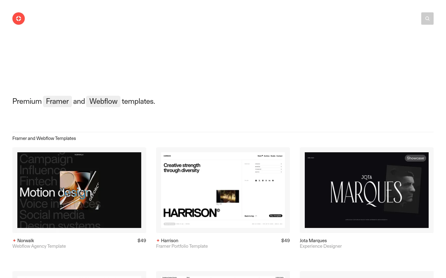 The desktop homepage features a minimalist white background with large, dark text reading 'Premium Framer and Webflow templates.' Below the headline, a grid displays various template previews, including 'Norwalk,' 'Harrison,' and 'Jota Marques,' each with a large thumbnail image and pricing or description. The layout is spacious and clean, using a modern sans-serif typography.