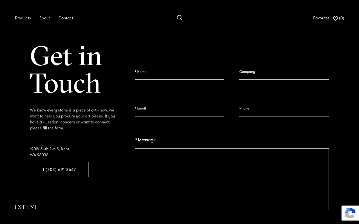 The desktop contact page features a dark theme with white text and a minimalist layout. A large 'Get in Touch' headline sits above a brief introductory paragraph and the company's address and phone number, while a contact form with fields for Name, Email, Company, Phone, and Message occupies the right side of the screen.