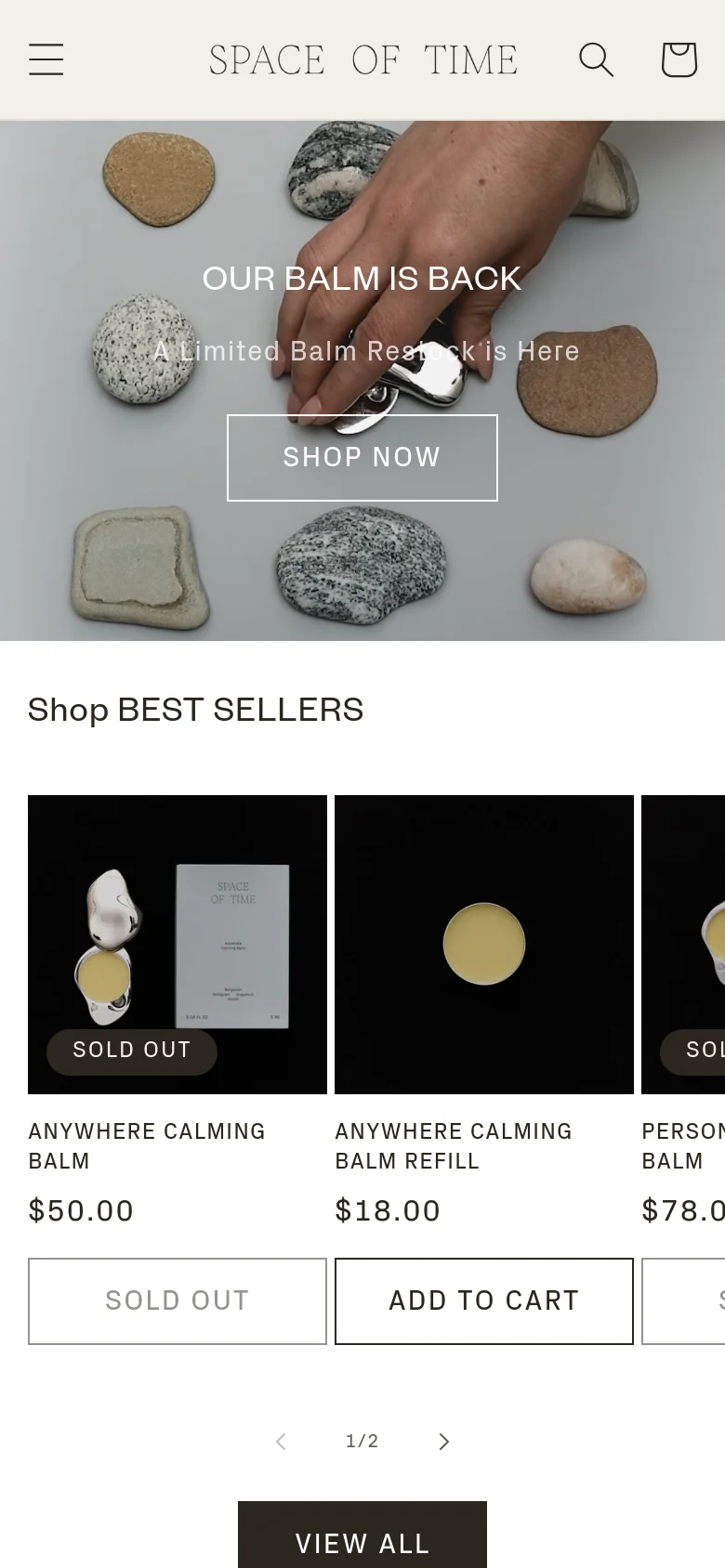 The mobile version presents a vertically stacked layout starting with a hero image of stones and hands with the text 'OUR BALM IS BACK' and a 'SHOP NOW' button. The 'Shop BEST SELLERS' section follows, showing product cards in a single-column view with large images, product titles, prices, and prominent 'SOLD OUT' or 'ADD TO CART' buttons.