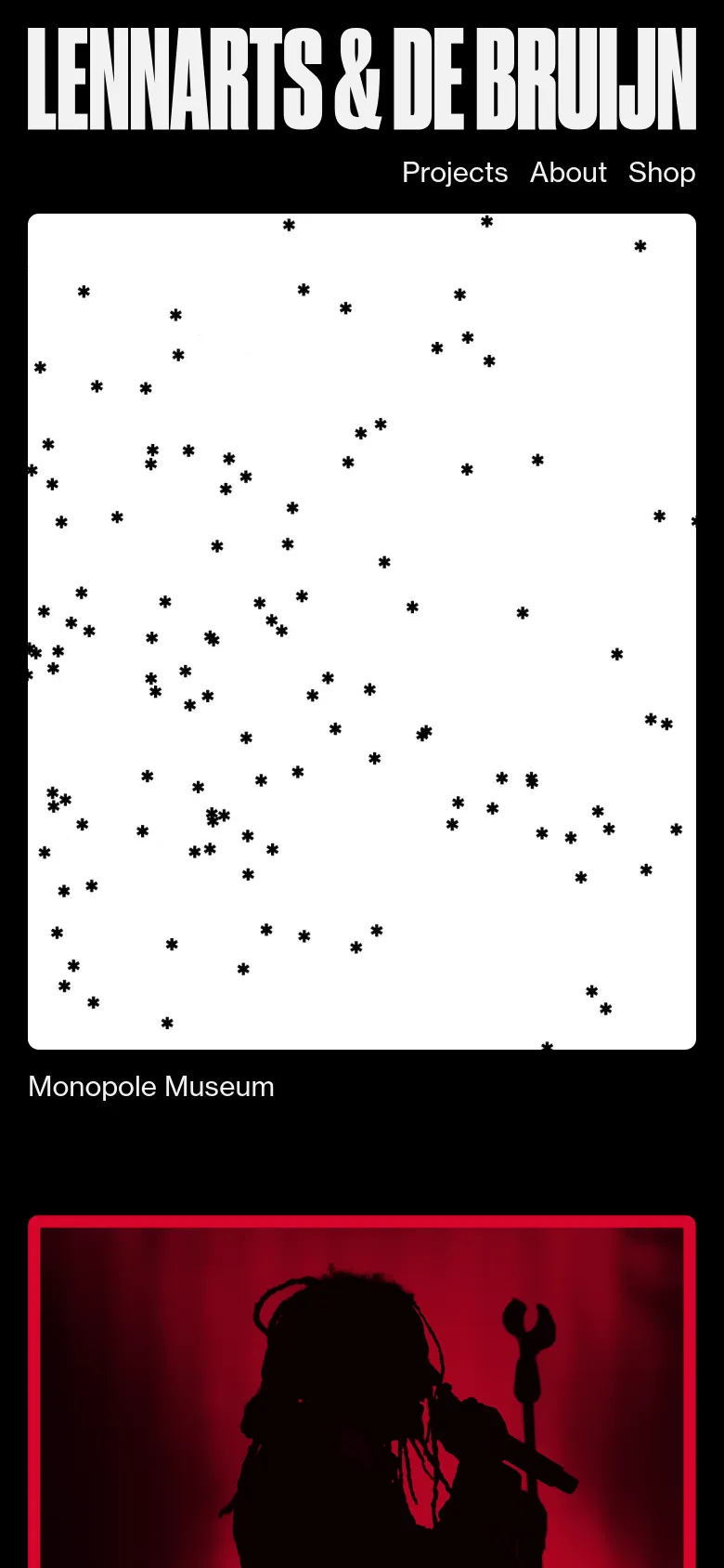 The mobile version presents a vertical layout with the large brand headline at the top, followed by a navigation menu. The project tiles are stacked vertically, beginning with the Monopole Museum image, followed by the red OSHI silhouette, maintaining the high-contrast black and white aesthetic.