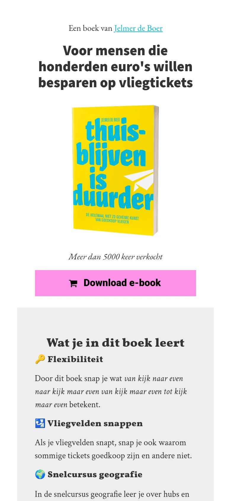 The mobile version presents a single-column layout with the yellow book cover and pink 'Download e-book' button centered at the top. The text and emoji-led list of book benefits are stacked vertically for easy scrolling on a narrow screen.