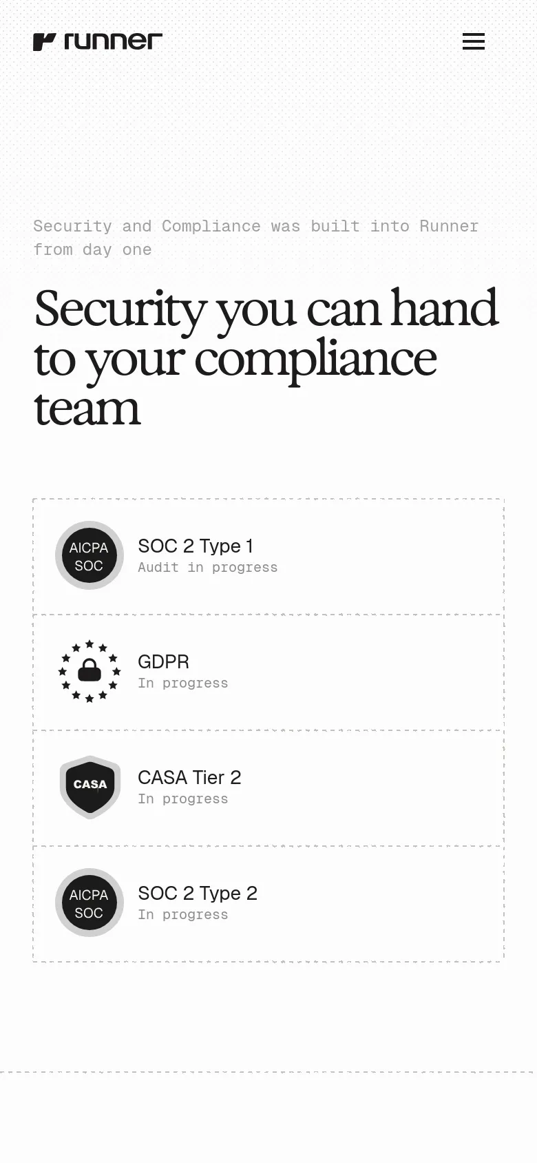 Runner security page in a mobile-responsive stacked layout. Compliance certifications are presented in a vertical list of cards with large icons, followed by single-column text sections detailing data engineering principles and control features.