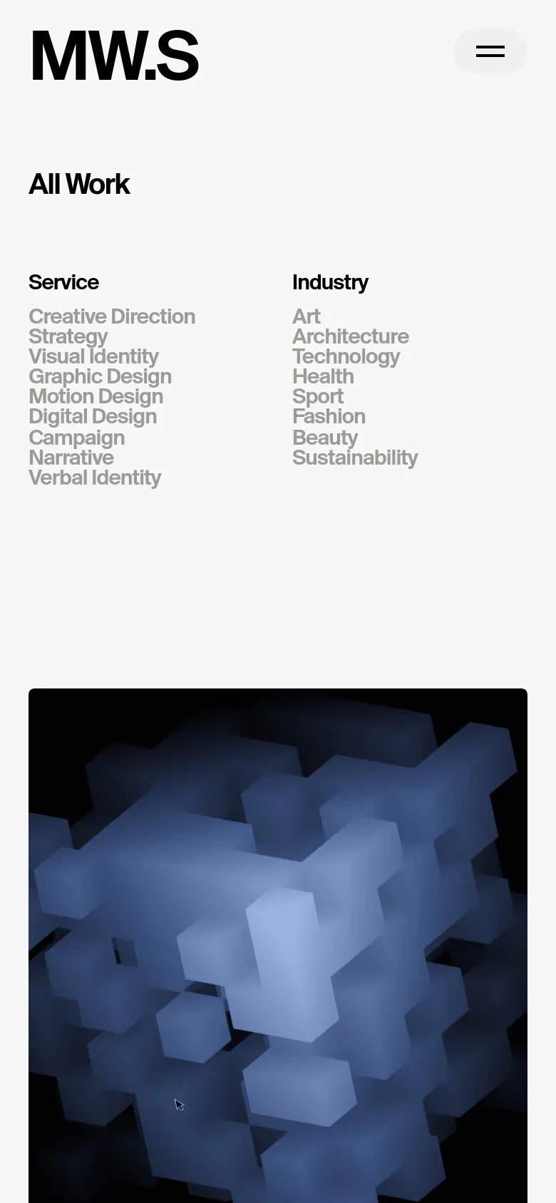 MOUTHWASH Studio work page in a mobile view with a stacked layout. The Service and Industry navigation lists are reflowed vertically above a single-column project grid, maintaining the minimalist high-contrast aesthetic.