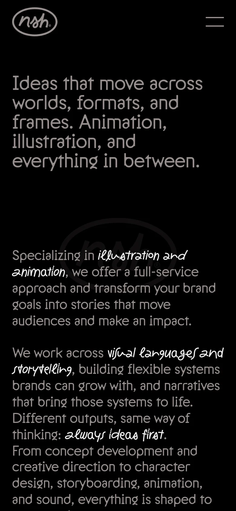 The mobile version maintains the dark aesthetic and bold white text but utilizes a stacked layout for readability. The navigation is condensed, featuring a hamburger menu icon on the right and the central logo, while the large headline and descriptive body text flow vertically down the screen.