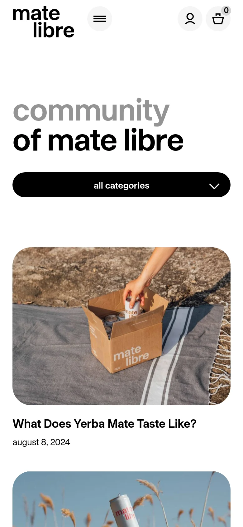 The mobile version displays a simplified layout with a hamburger menu and a large 'all categories' dropdown selector. The content consists of a single-column vertical scroll of blog post cards, each containing a large image, a bold headline, and a publication date.