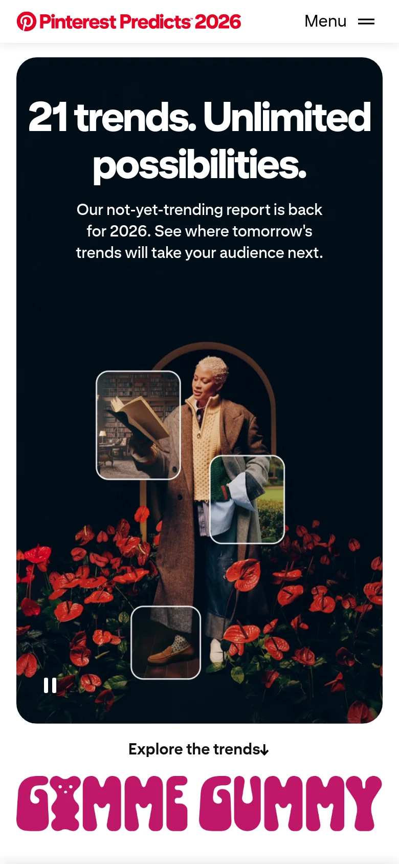 The mobile version presents a vertically stacked layout with a dark hero image featuring a person in a field of red flowers. The headline '21 trends. Unlimited possibilities.' is centered at the top in large white font, followed by a 'Explore the trends' prompt. The sidebar from the desktop version is removed to prioritize a single-column scrolling experience.