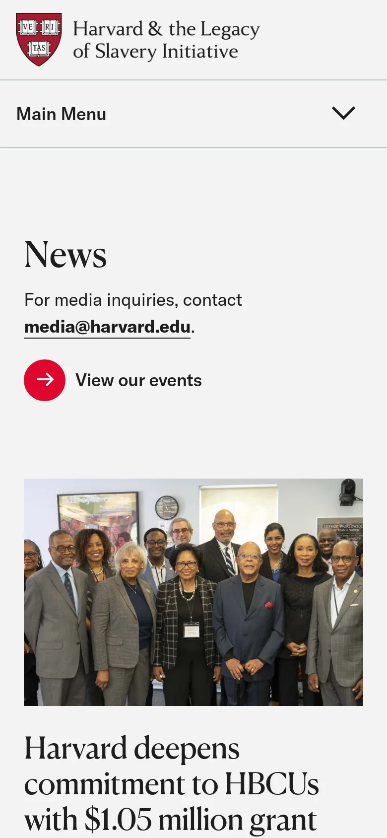 The mobile version simplifies the layout into a single column, starting with a 'Main Menu' dropdown toggle at the top. The 'News' heading, contact email, and red 'View our events' button are stacked vertically, followed by news stories that feature large, full-width images above their respective headlines.