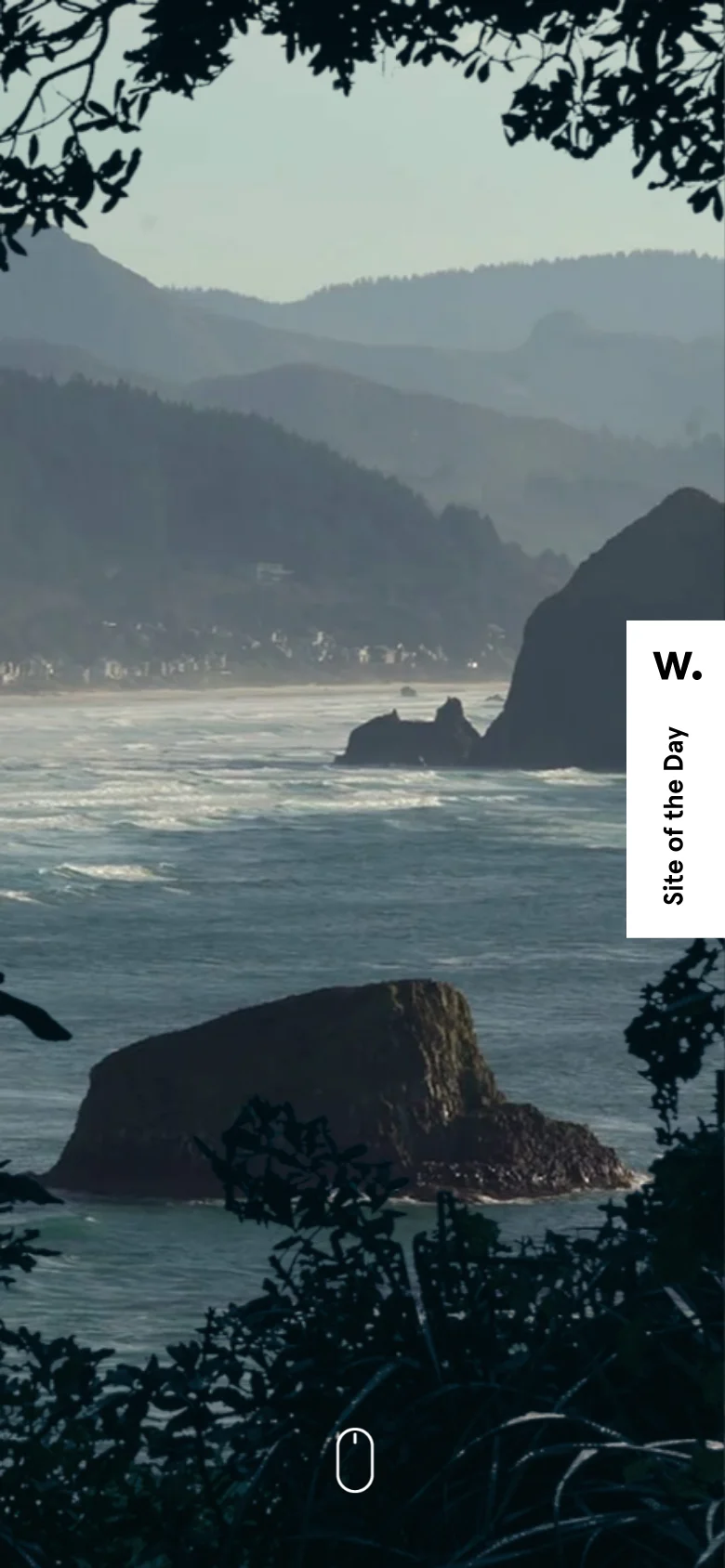 The mobile version presents a vertically oriented view of the same cinematic coastline and rocky seascape framed by dark foliage. The 'The Goonies' logo and navigation links are scaled or repositioned to fit the narrow screen, maintaining the dark, atmospheric aesthetic and the central scroll indicator.