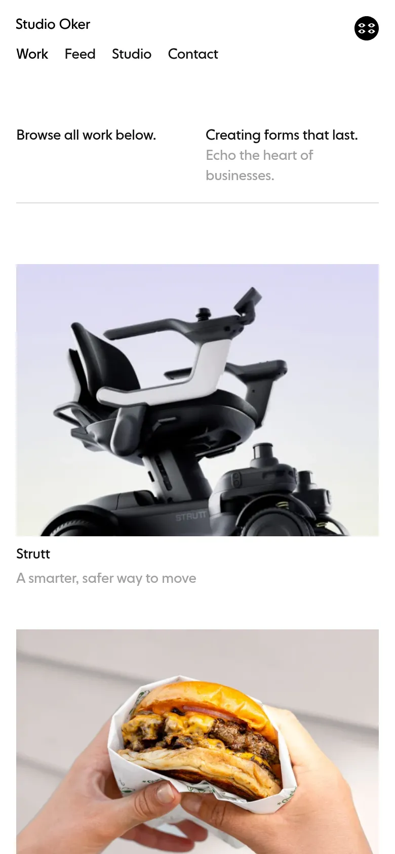 The mobile version presents a single-column vertical scroll of the project portfolio. The navigation menu is condensed, and the project images and text descriptions, such as Strutt and Ouch, are stacked vertically to fit the narrow screen width.