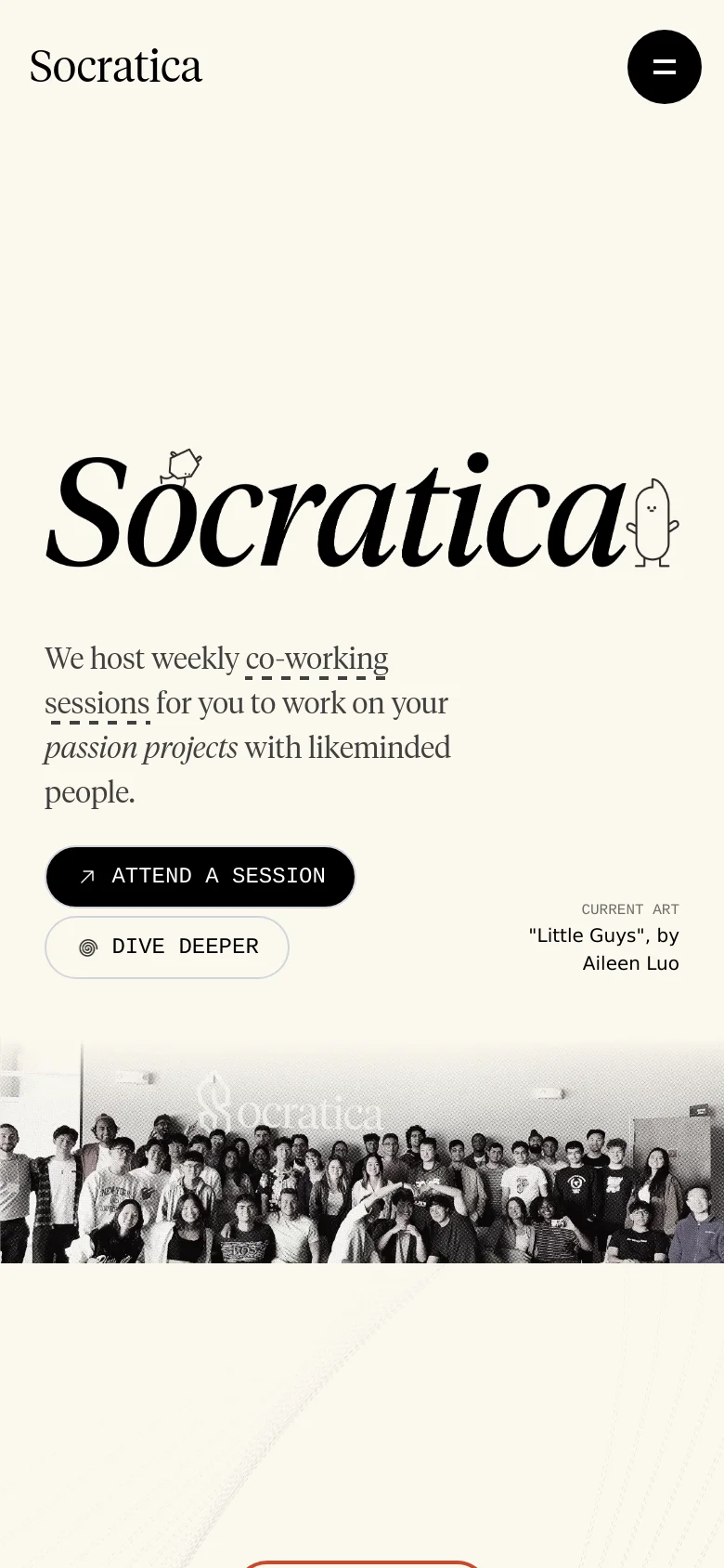 The mobile version maintains the cream background and hand-drawn aesthetic but uses a more compact layout. The 'Socratica' logo is smaller and accompanied by a simple doodle, with the text and buttons stacked vertically to fit the narrow screen. A hamburger menu icon is located in the top right corner for navigation.