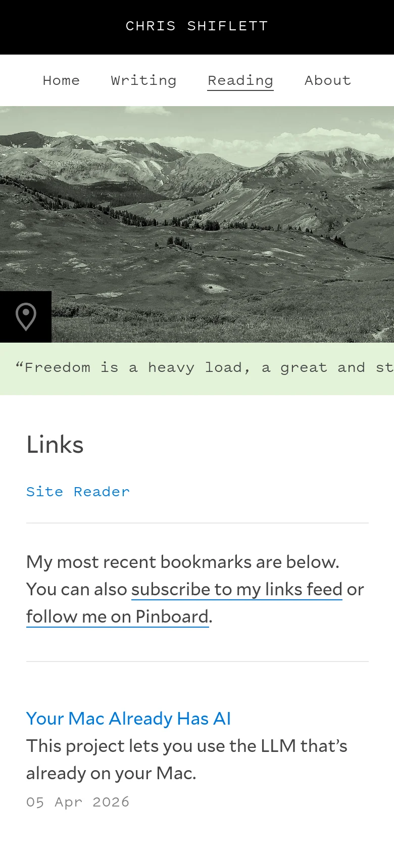 The mobile version uses a vertical layout with the grayscale mountain landscape at the top. Below the image, the 'Links' heading and article list are centered, with the navigation menu appearing as a horizontal bar above the hero image. The text is scaled for readability on a smaller screen, maintaining the minimalist white and gray color scheme.