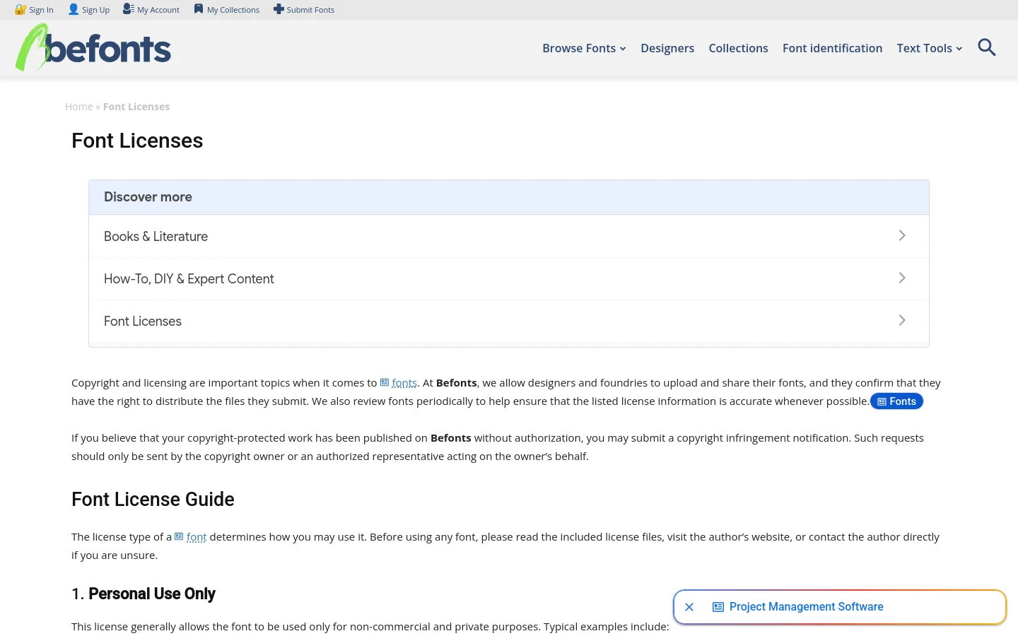 The desktop version of the Font Licenses page features a clean, white background with a navigation bar at the top containing the Befonts logo, font categories, and a search icon. The main content includes a breadcrumb trail, a large 'Font Licenses' heading, a 'Discover more' navigation box with list items, and detailed text sections explaining copyright and different license types like 'Personal Use Only'.