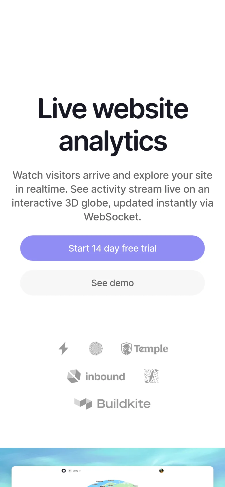 The mobile version simplifies the layout into a single-column view, centering the 'Live website analytics' headline and subheadline. The primary call-to-action buttons are stacked vertically to fit the narrow screen, and the company logo row is condensed. The background remains white, transitioning into the blue-toned globe dashboard imagery at the bottom.
