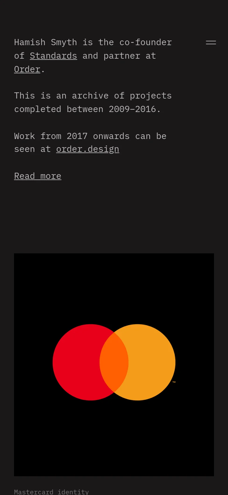 The mobile version presents a simplified, single-column layout with a dark theme. A hamburger menu icon is located at the top right, and the text is centered and larger for readability, focusing on the biography and a prominent link to 'Read more'. The large red and orange circular graphic remains a dominant visual element at the bottom.