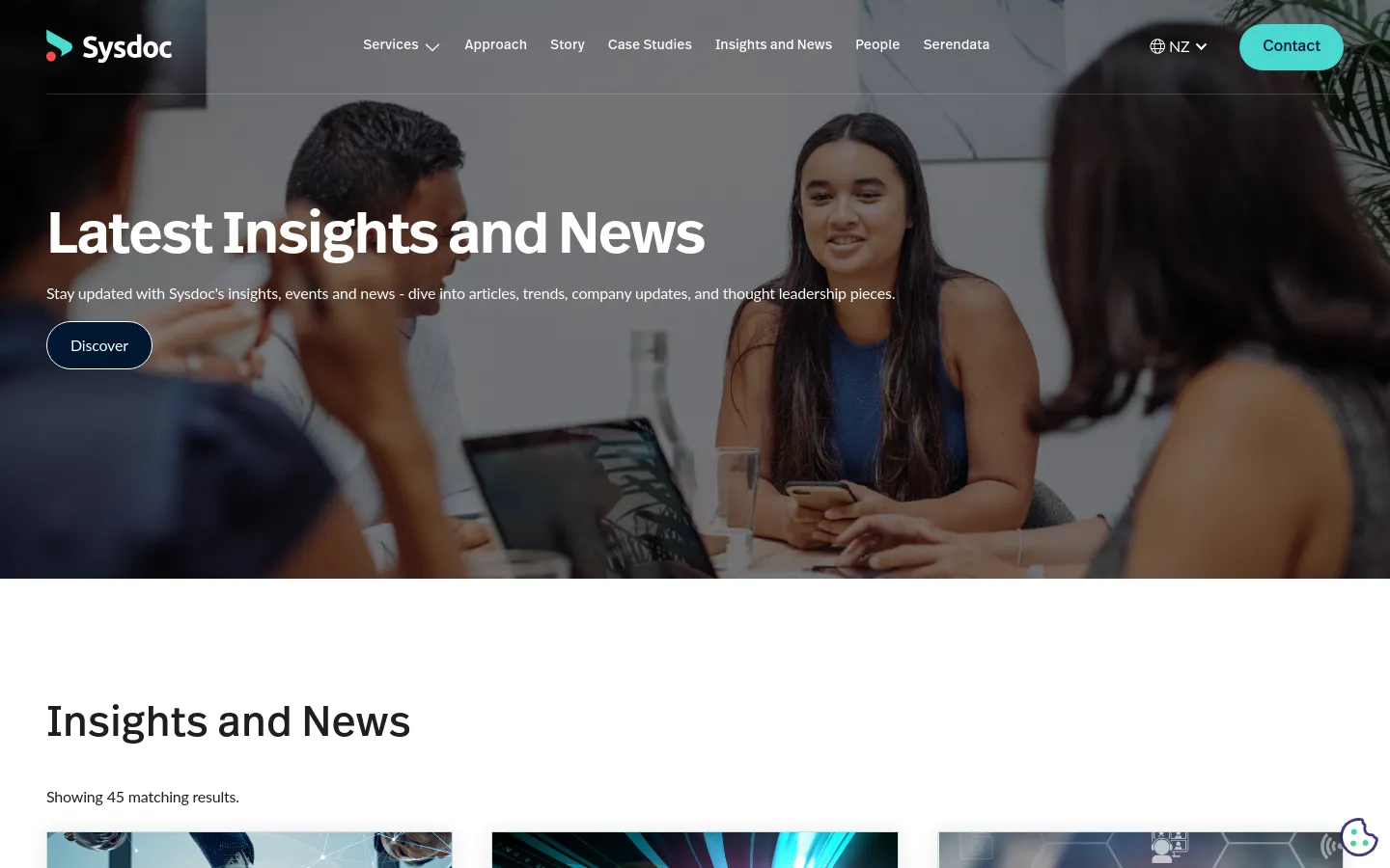 The desktop page features a large hero section with a background image of people working in an office, overlaid with the headline 'Latest Insights and News' and a 'Discover' button. Below the hero, the page transitions to a white background with a secondary 'Insights and News' heading and a text indicator showing 45 matching results. The navigation bar is at the top with the Sysdoc logo on the left and menu links like Services, Approach, and Story spread across the center and right.
