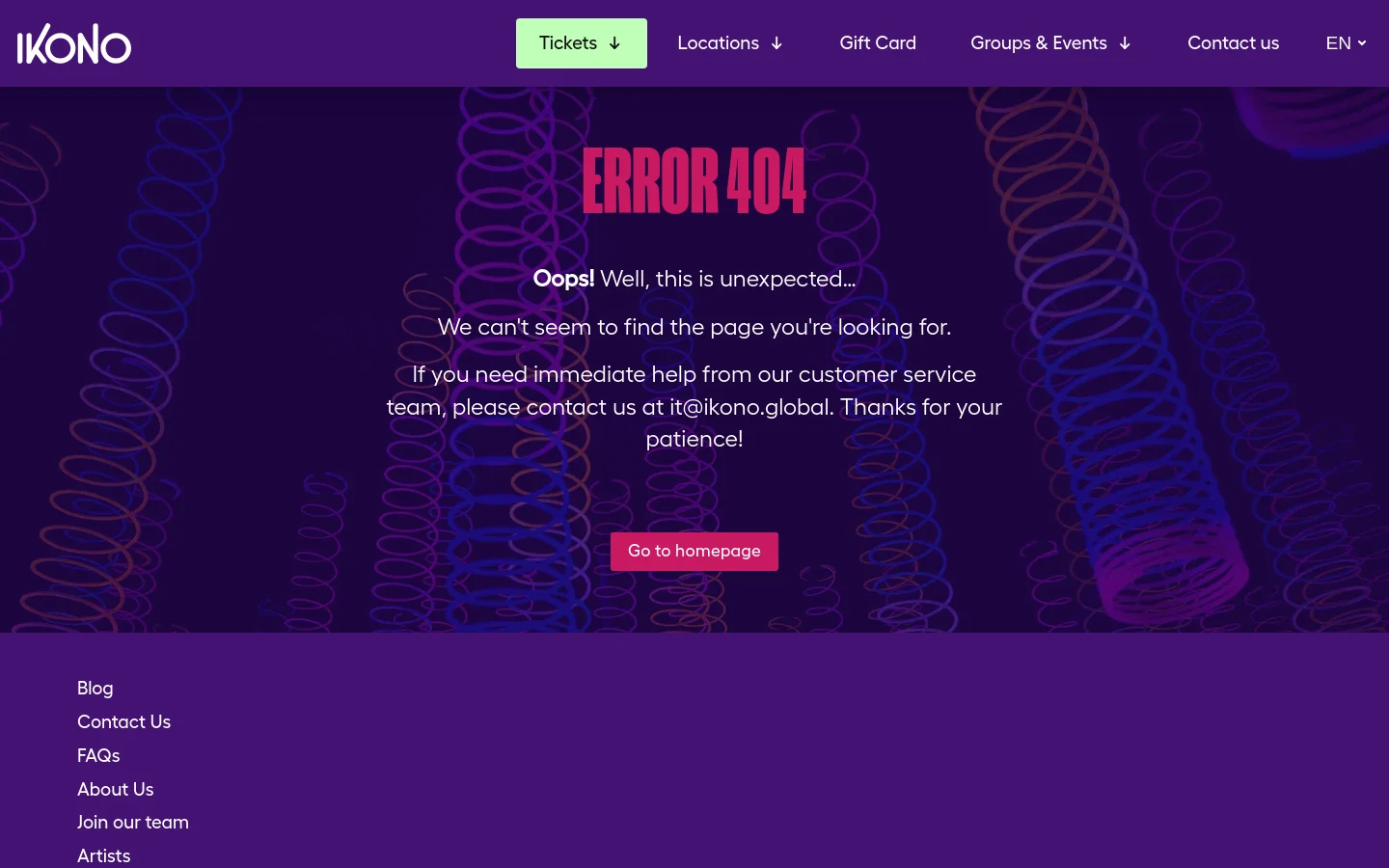 A desktop 404 error page with a dark purple background featuring glowing, neon-colored spiral patterns. A large pink 'ERROR 404' headline is centered above white text explaining the page was not found, followed by a pink 'Go to homepage' button. The top navigation bar includes the IKONO logo, a light green 'Tickets' button, and various menu links.