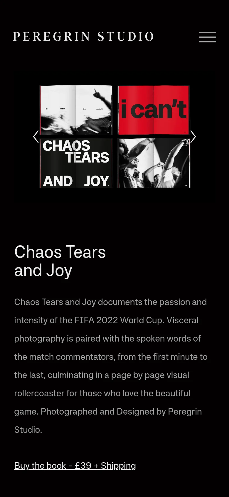 The mobile version presents a single-column layout with a condensed grid of the project images at the top. Below the images, the project title 'Chaos Tears and Joy' is followed by a descriptive paragraph and a text link to buy the book, all set against a black background.