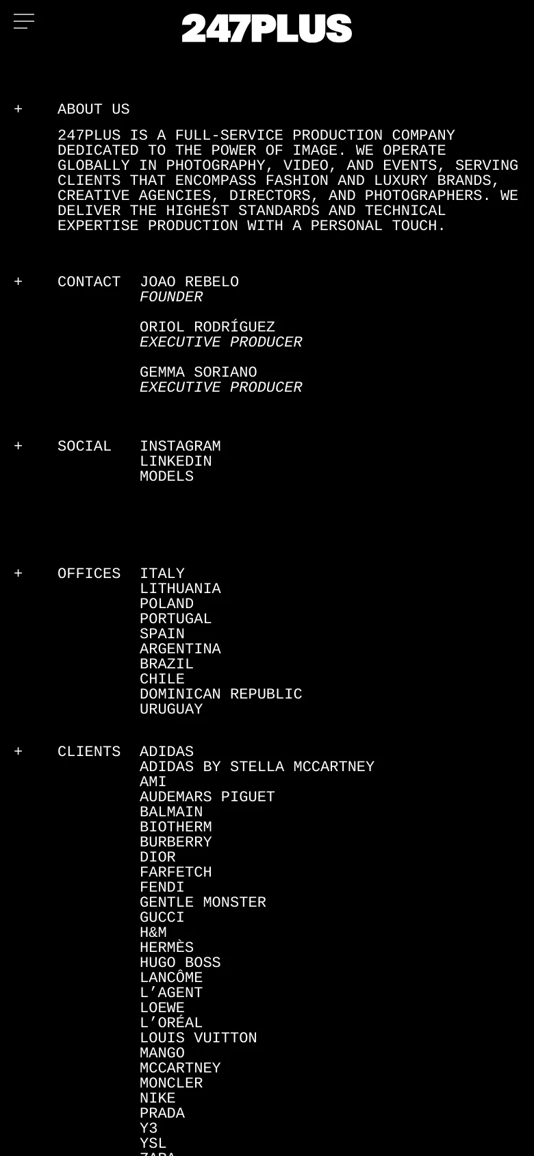 The mobile version uses a single-column vertical layout on a black background. Content is organized into expandable or stacked sections with white text, including company information, contact details, and lists of offices, clients, and directors. The navigation is simplified with a hamburger menu icon at the top left.