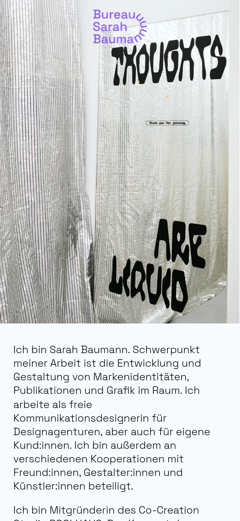 The mobile version uses a single-column vertical layout optimized for small screens. The Sarah Baumann logo appears at the top, followed by a series of stacked rectangular images showcasing design projects. Text content is placed below the images in a continuous scroll, and navigation links are simplified for mobile viewing.