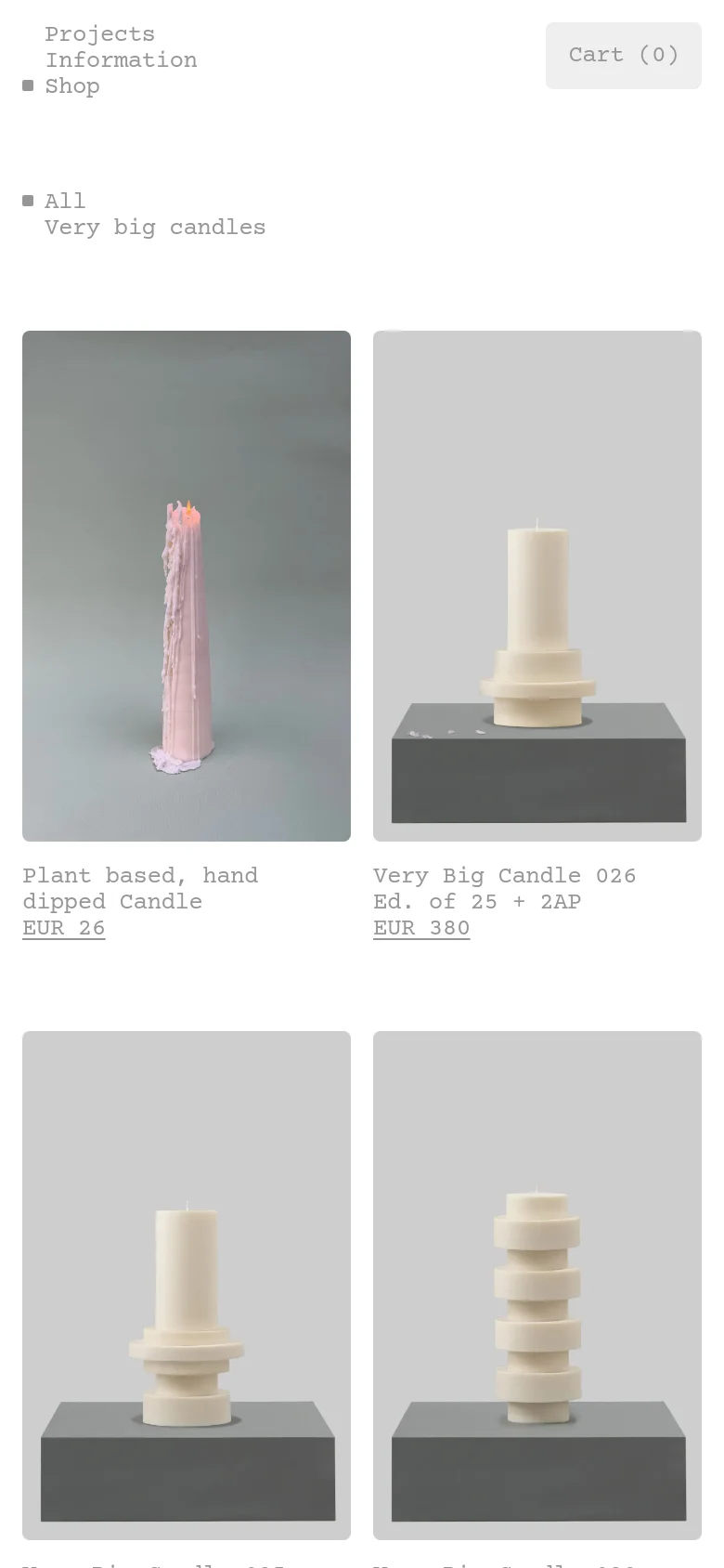 Hélène del Marmol shop page with a single-column stacked layout. Sculptural candle products are displayed in large vertical tiles with product names and prices listed below each image in a minimalist design.