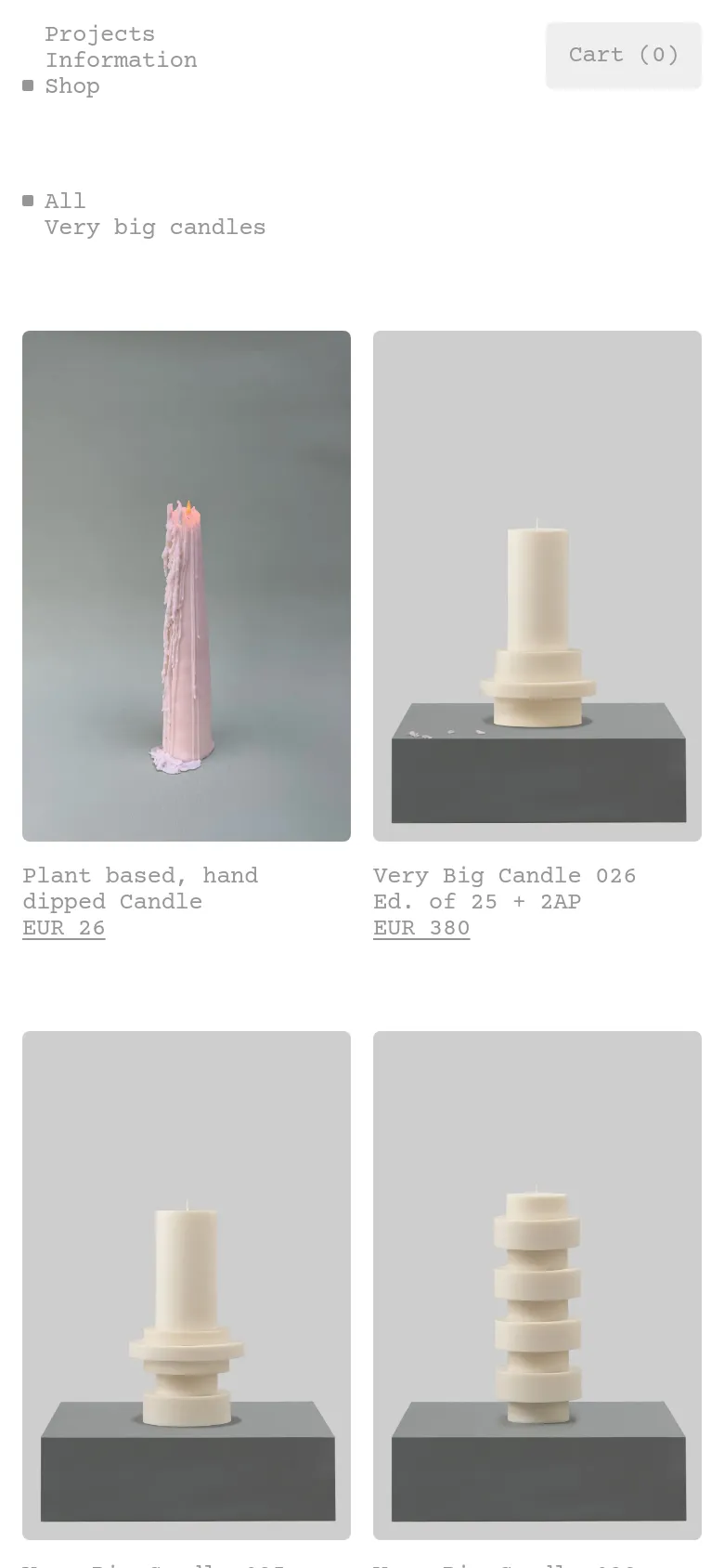 Hélène del Marmol shop page with a single-column stacked layout. Sculptural candle products are displayed in large vertical tiles with product names and prices listed below each image in a minimalist design.