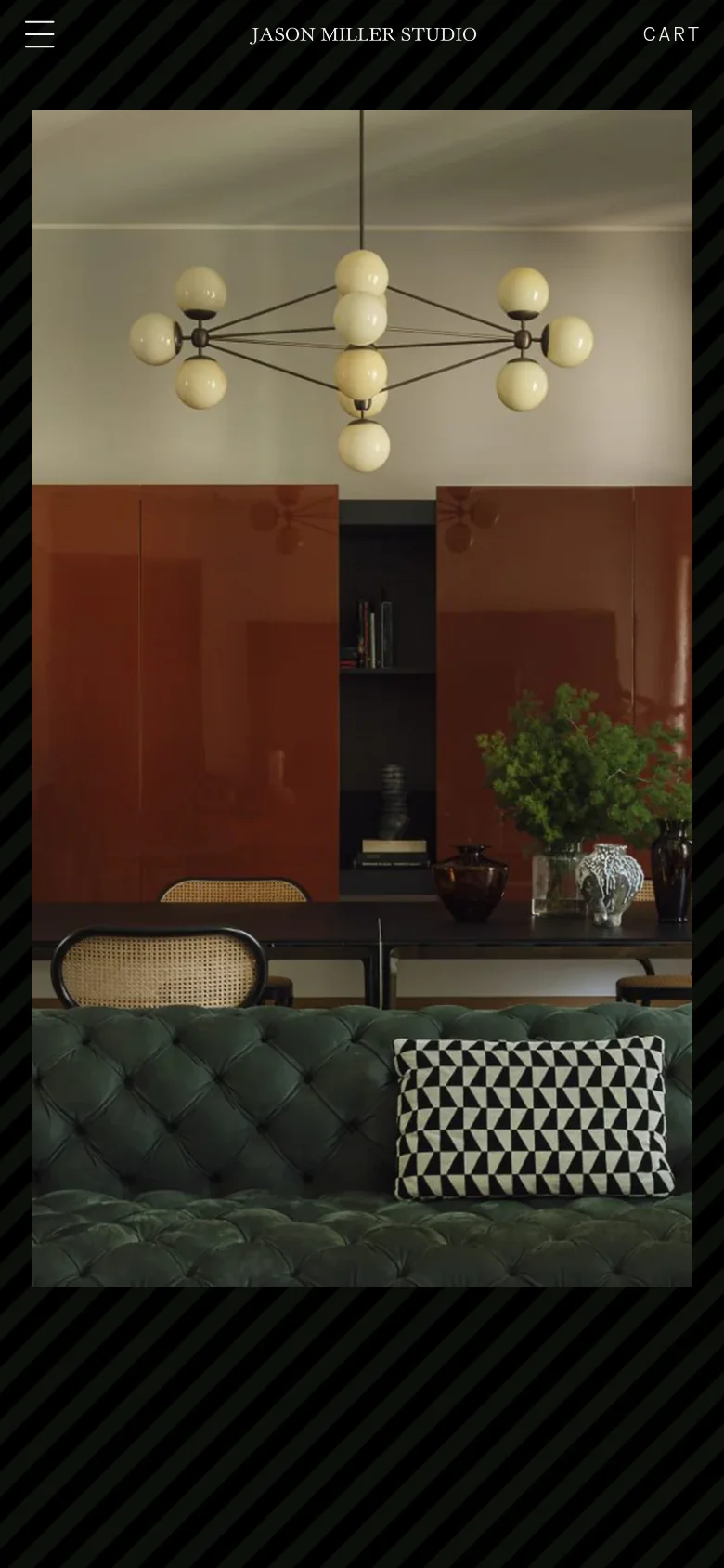 The mobile version simplifies the layout with a hamburger menu icon on the left and the brand name centered. The hero image displays a modern chandelier above a dining area with a green tufted sofa in the foreground. The 'Cart' link remains visible in the top right corner.