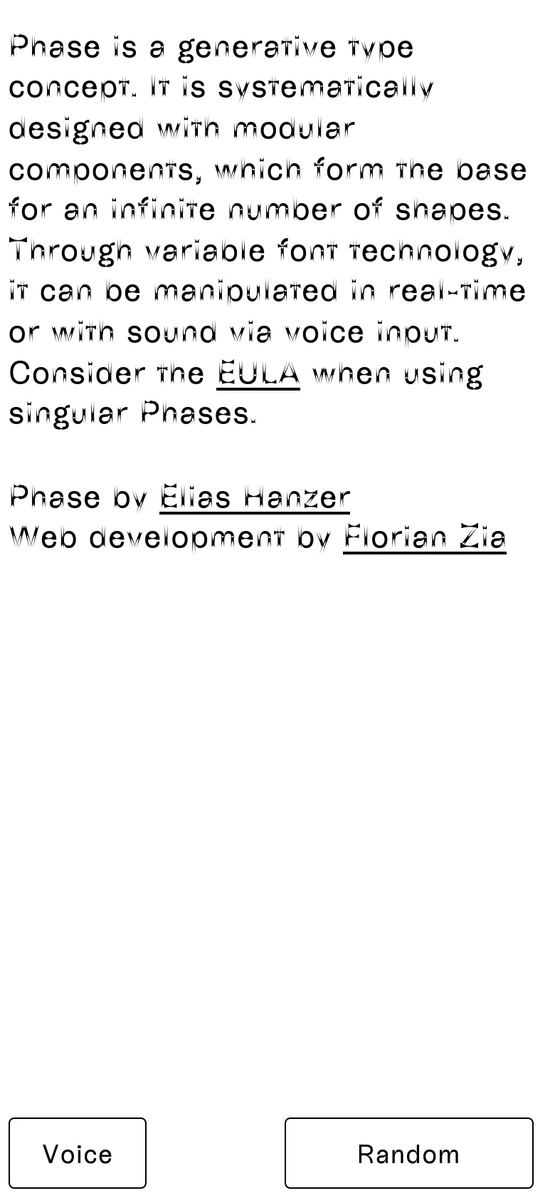 The mobile version presents a vertically stacked layout with the large 'Type Phase' headline dominating the upper half. Navigation and control buttons like 'Voice' and 'Random' are repositioned into larger, touch-friendly blocks at the bottom, and the text content is arranged in a single column for easier scrolling.