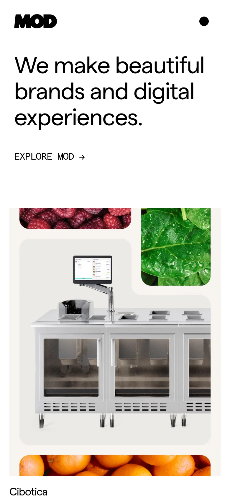 The mobile version presents a vertically stacked layout with the 'MOD' logo and headline centered at the top. The navigation is simplified, and the content transitions into a single-column scroll, starting with the 'Explore MOD' link followed by large project imagery like the Cibotica food automation display.
