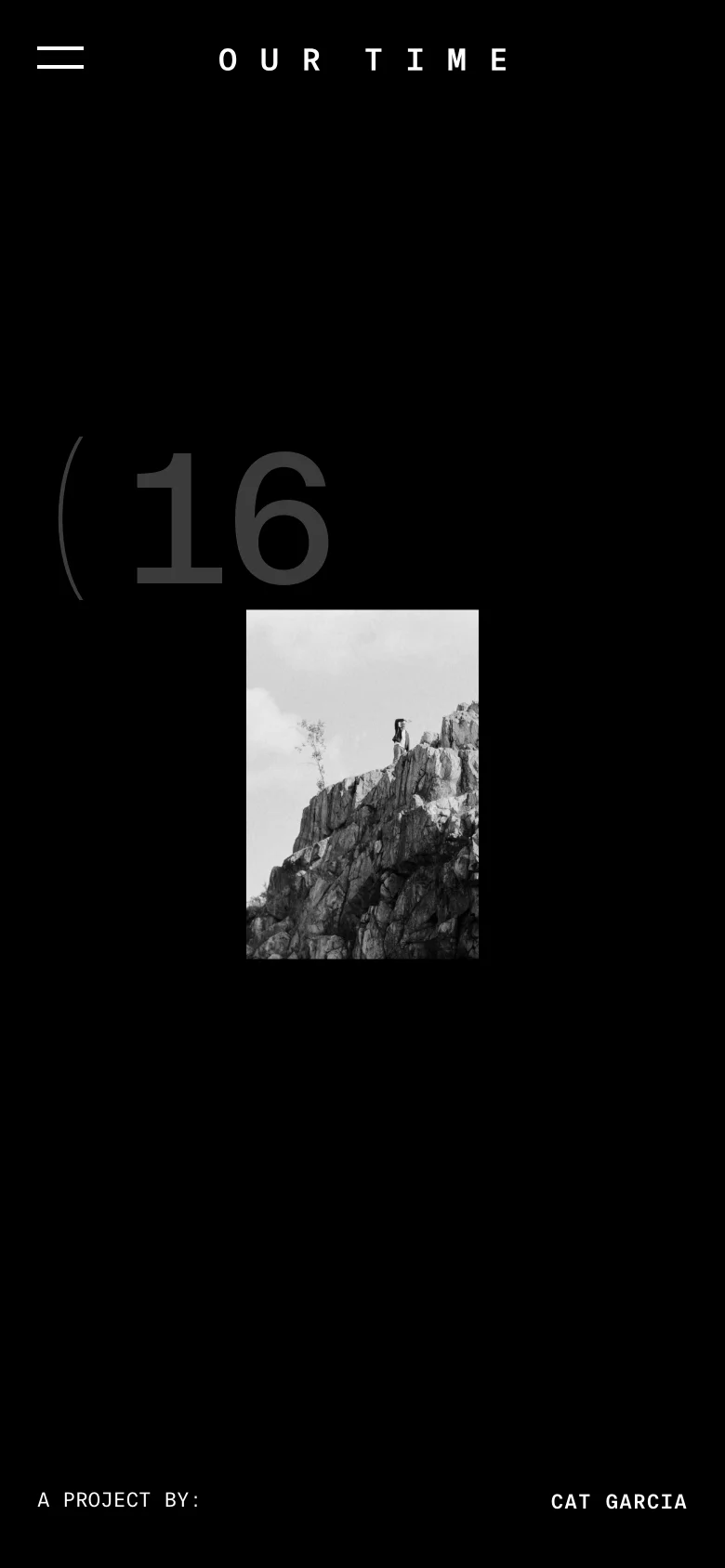 The mobile version maintains the black and white minimalist theme but uses a vertical layout. The large numbers '(16' are stacked above a central black and white photograph of a person on a rocky cliff, with the menu and title positioned at the top.
