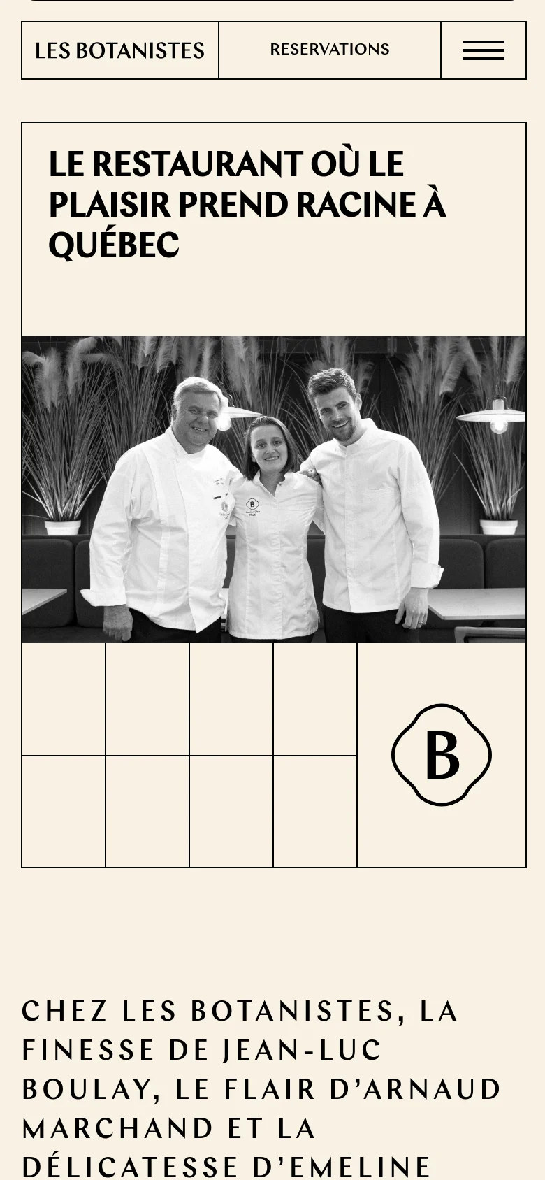 The mobile version simplifies the layout into a single vertical column. The top features a condensed header with the restaurant name, a 'RESERVATIONS' button, and a hamburger menu icon. The main content follows with the large headline and the black and white chef portrait stacked vertically above the text description.