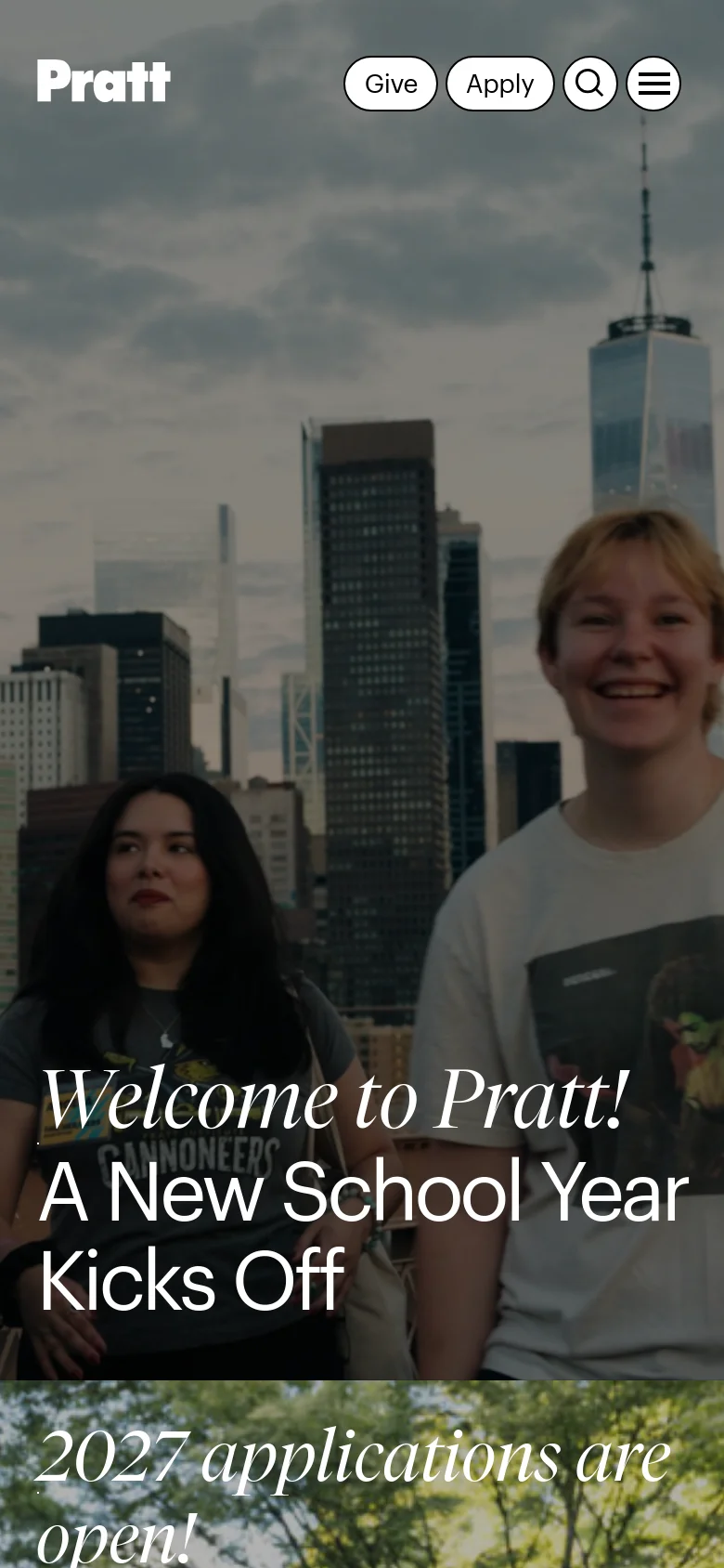 The mobile version presents a vertically stacked layout optimized for small screens. The hero image of students remains prominent, but the navigation bar is condensed, featuring the Pratt logo alongside 'Give', 'Apply', a search icon, and a hamburger menu icon. The headline 'Welcome to Pratt! A New School Year Kicks Off' is centered over the image.