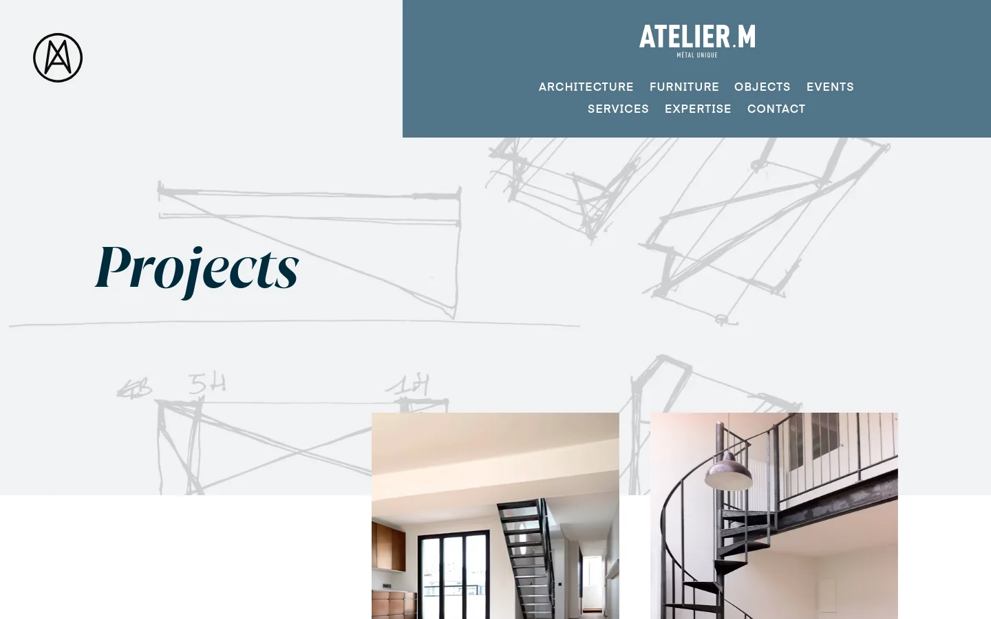 The Projects page features a large hero section with a sketch background and the title 'Projects' in a serif font. Below, a navigation menu allows filtering by Architecture, Furniture, Objects, or Events, followed by a grid of metalwork project images including staircases and bookcases. The layout is clean with a white and muted blue color palette.