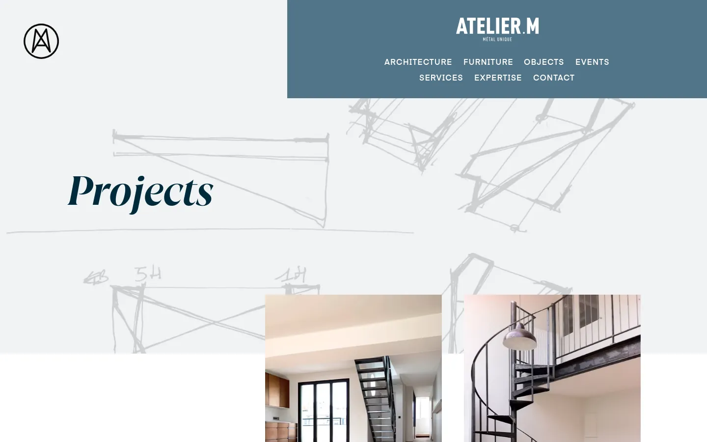 The Projects page features a large hero section with a sketch background and the title 'Projects' in a serif font. Below, a navigation menu allows filtering by Architecture, Furniture, Objects, or Events, followed by a grid of metalwork project images including staircases and bookcases. The layout is clean with a white and muted blue color palette.