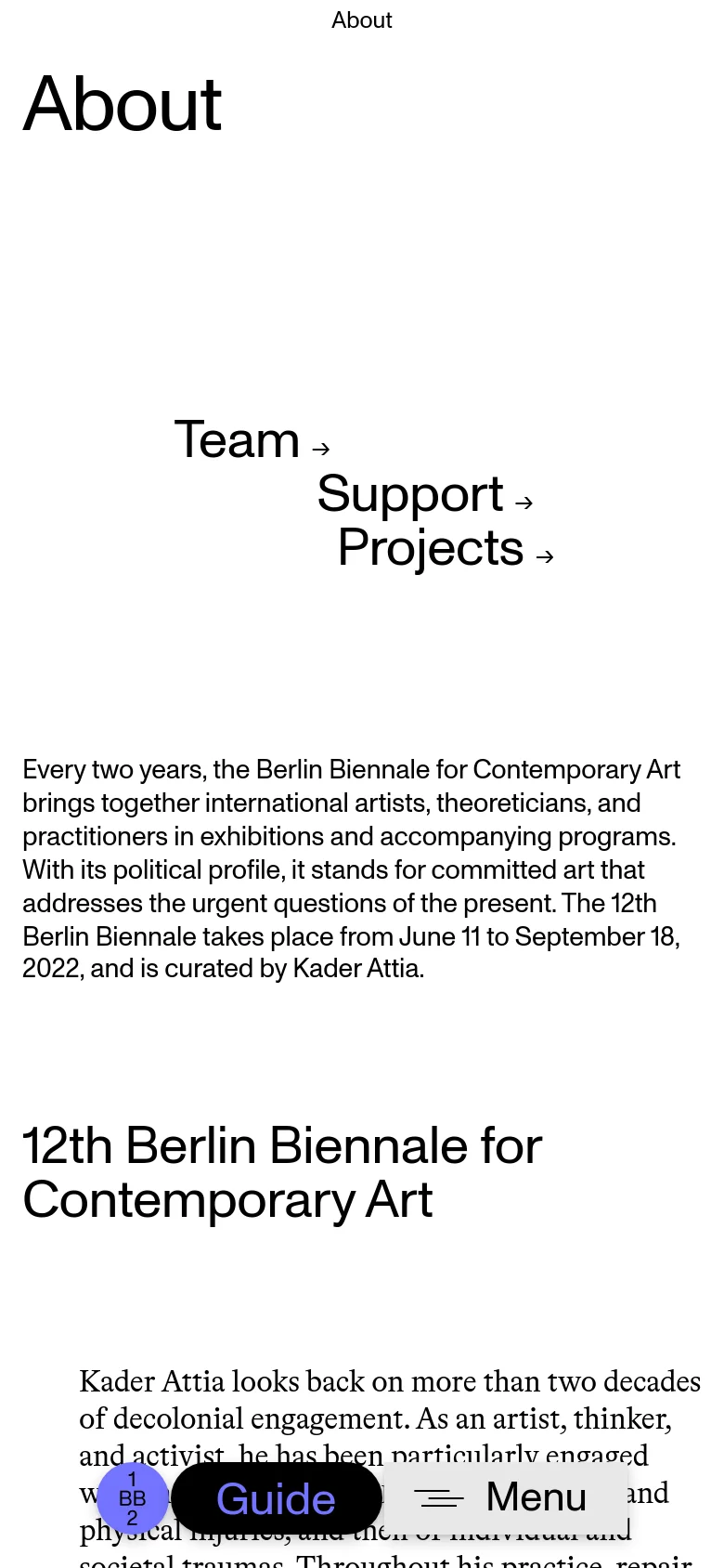 The mobile version simplifies the layout into a single vertical column, removing the large teal sidebar. The 'About' headline and navigation links for Team, Support, and Projects are stacked vertically, followed by the main body text, with a 'Guide' button and 'Menu' icon positioned at the bottom of the screen.