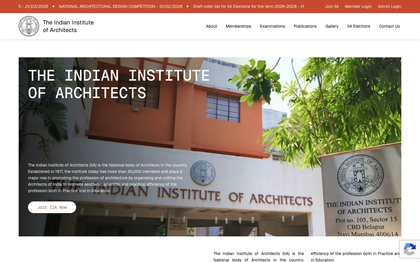 The desktop homepage features a white header with the IIA logo, navigation links like About and Memberships, and top utility links for Join IIA and Logins. A large hero section displays a photograph of an orange building with lush greenery, overlaid with the title 'THE INDIAN INSTITUTE OF ARCHITECTS' and a white 'Join IIA Now' button.